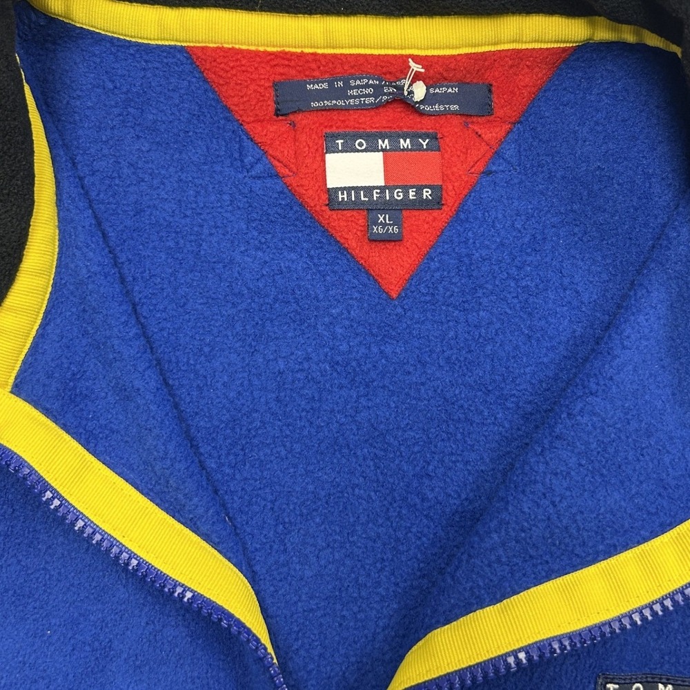 Tommy Hilfiger Fleece Pullover Mens XL Blue Red Quarter Zip Colorblock Logo - Picture 2 of 3